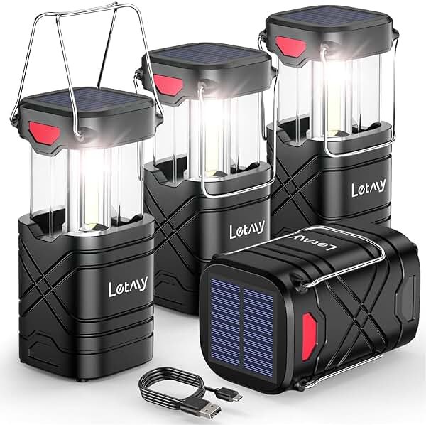 LETMY 4 Pack Camping Lantern, Rechargeable LED Lanterns, Solar Lantern Battery Powered Hurricane Lanterns Flashlight with 3 Powered Ways & USB Cable for Emergency, Power Outage, Hurricane Supplies - Product Image