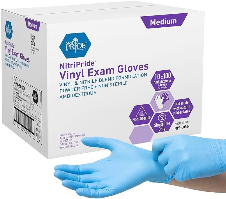 MED PRIDE Disposable Powder Free Non Latex Single Use Medical Exam Gloves, Nitrile Vinyl Blend for Cleaning and Food Handling - Product Image