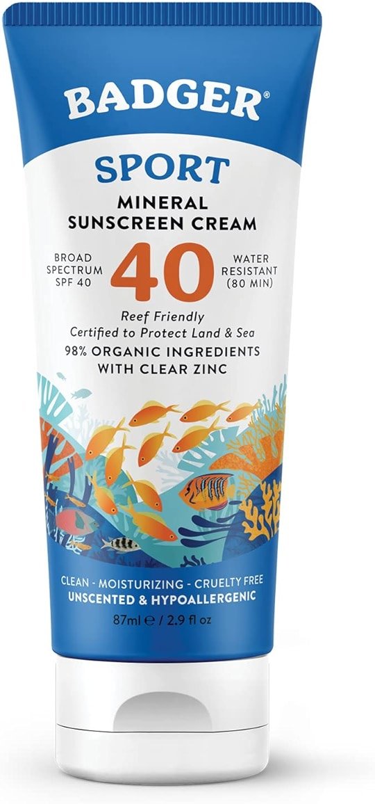 Badger Reef Safe Sunscreen, Unscented SPF 40 Sport Mineral Sunscreen, 98% Organic, Water Resistant Zinc, Approved for Hawaii & Mexico Reefs, 2.9 fl oz - Product Image