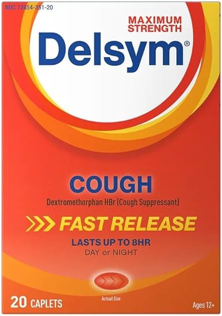 Delsym Maximum Strength Cough Suppressant, Over-the-Counter Medication for Cough, Fast Release Caplets with Dextromethorphan HBr, Cough Medicine for Adults Lasts Up to 8 Hours Day or Night, 20 Count - Product Image