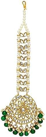 Aheli Faux Kundan Beaded Maang Tikka Head Piece Indian Wedding Ethnic Fashion Jewelry Gift for Women Green - Product Image