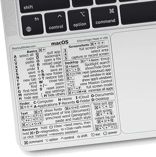 Synerlogic Mac OS Shortcuts Sticker for Air/Pro | Keyboard Stickers for macOS | Laminated Vinyl MacBook Cheatsheet | MacBook Shortcuts 2026 (Clear/Black) - Product Image