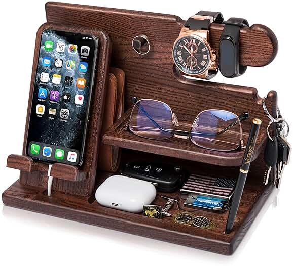 TESLYAR Wood Phone Docking Station for Men - Desk or Nightstand Organizer - Birthday Gifts for Husband, Dad - Anniversary Idea from Wife - Key Holder, Stand Wallet, Watch & Essentials (Bourbon Brown) - Product Image
