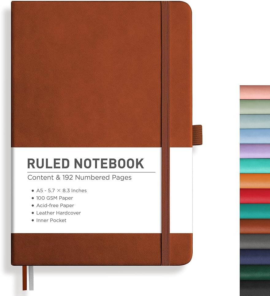 RETTACY Lined Journal Notebook, 192 Numbered Pages, A5 Medium Size (5.7'' x 8.3''), for Men & Women, Journaling, Writing, Work & Office, Leather Hardcover, 100 GSM Thick Paper (Brown) - Product Image