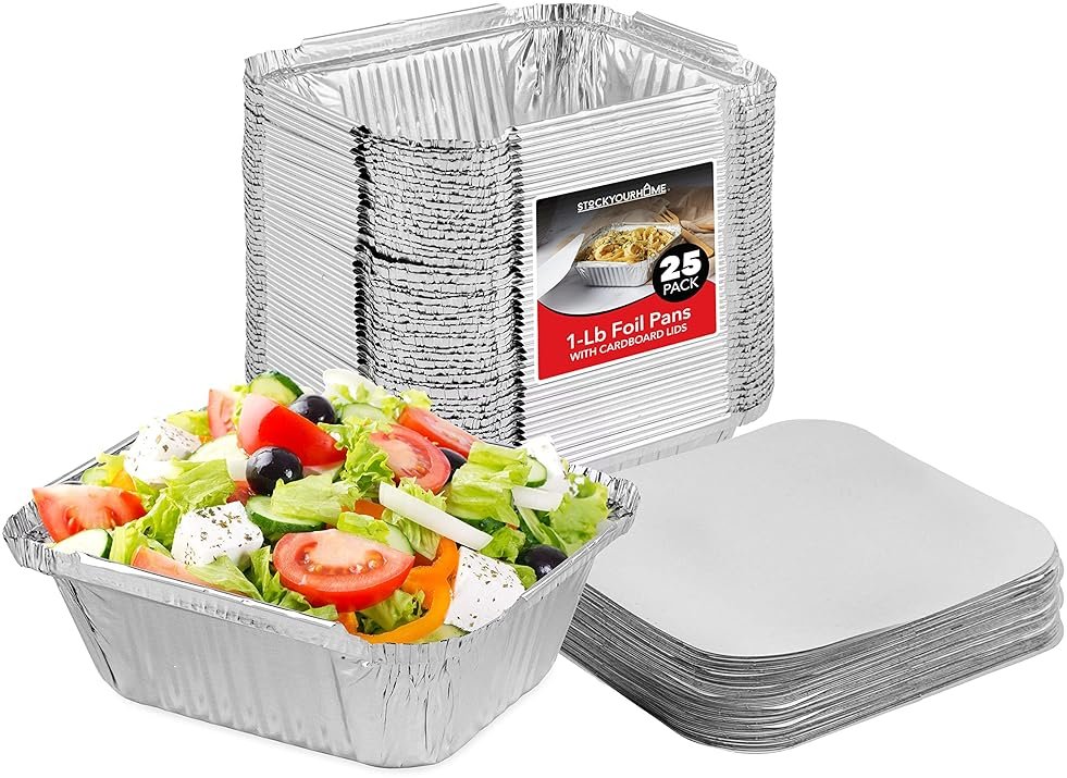 Stock Your Home 1 lb Aluminum Disposable Cookware with Lids (25 Pack) – Foil Pans with Cardboard Lids, Disposable & Recyclable Takeout Trays for Restaurants, Catering & Delis - Product Image