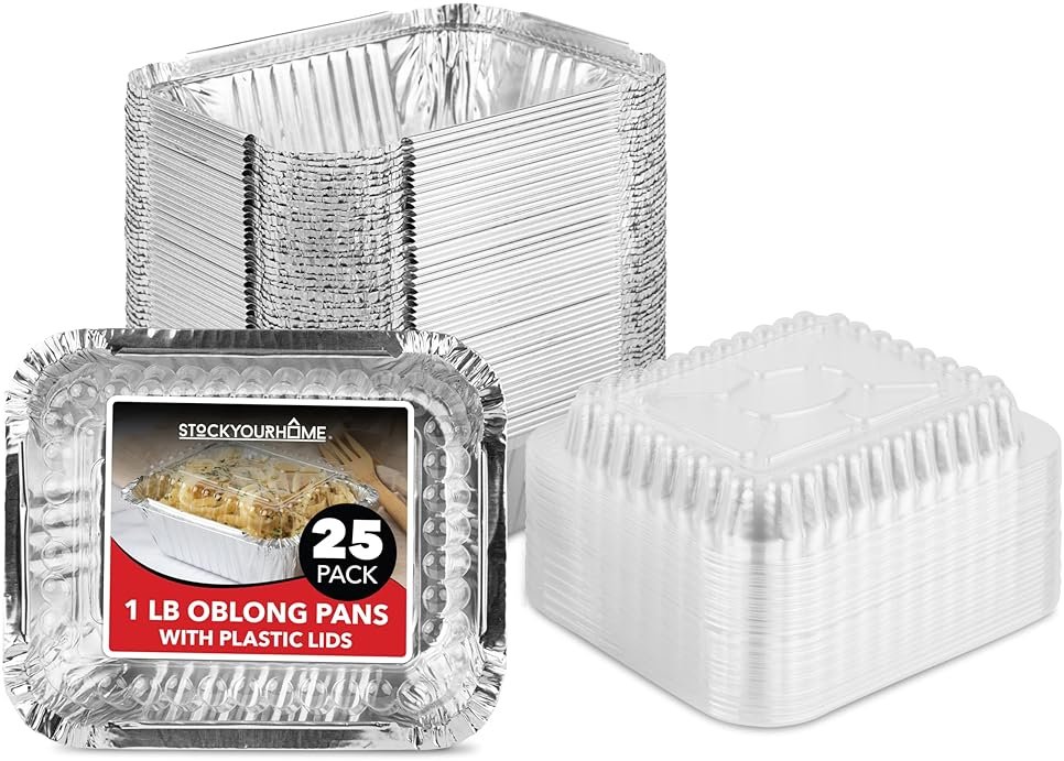 Stock Your Home 1 lb Small Aluminum Pans with Lids (25 Pack), Foil Pans with Clear Plastic Lids, Disposable Cookware & Takeout Trays for Restaurants & Catering - Product Image