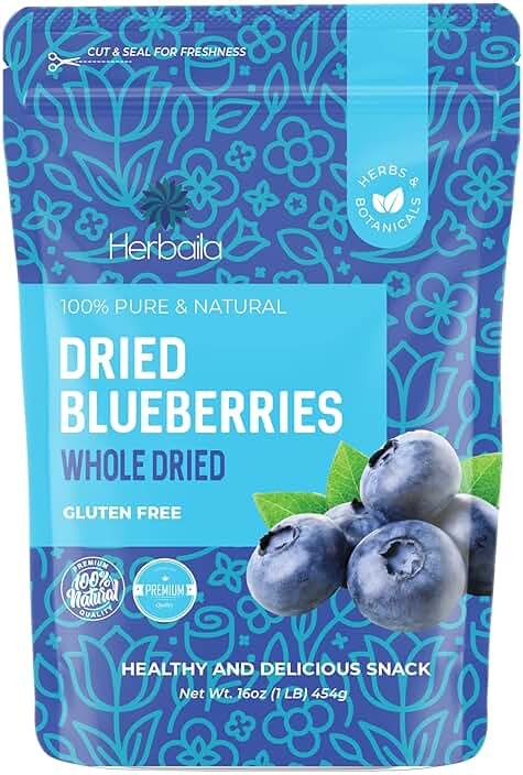 Herbaila Whole Dried Blueberries, No Sugar Added, Bulk, Dehydrated, Dried Unsweetened Blueberries, All Natural, Non-GMO, 1 Pound. - 16 oz. - Product Image