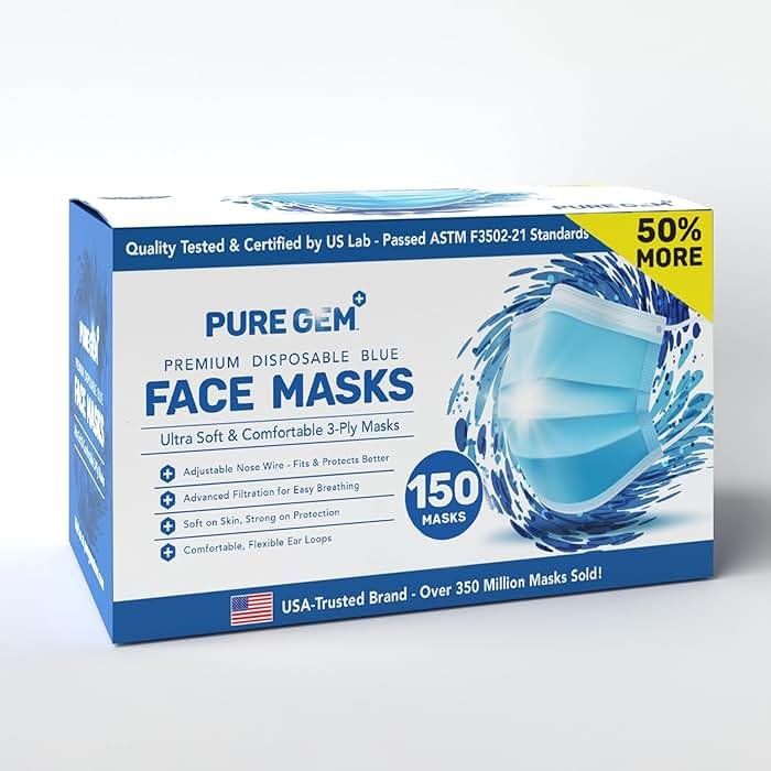 PURE GEM [Pack of 150] Single Use Disposable Blue Face Mask, Soft on Skin, 3-ply Masks Facial Cover with Elastic Earloops Great For Home, Office, School, and Outdoors - Product Image