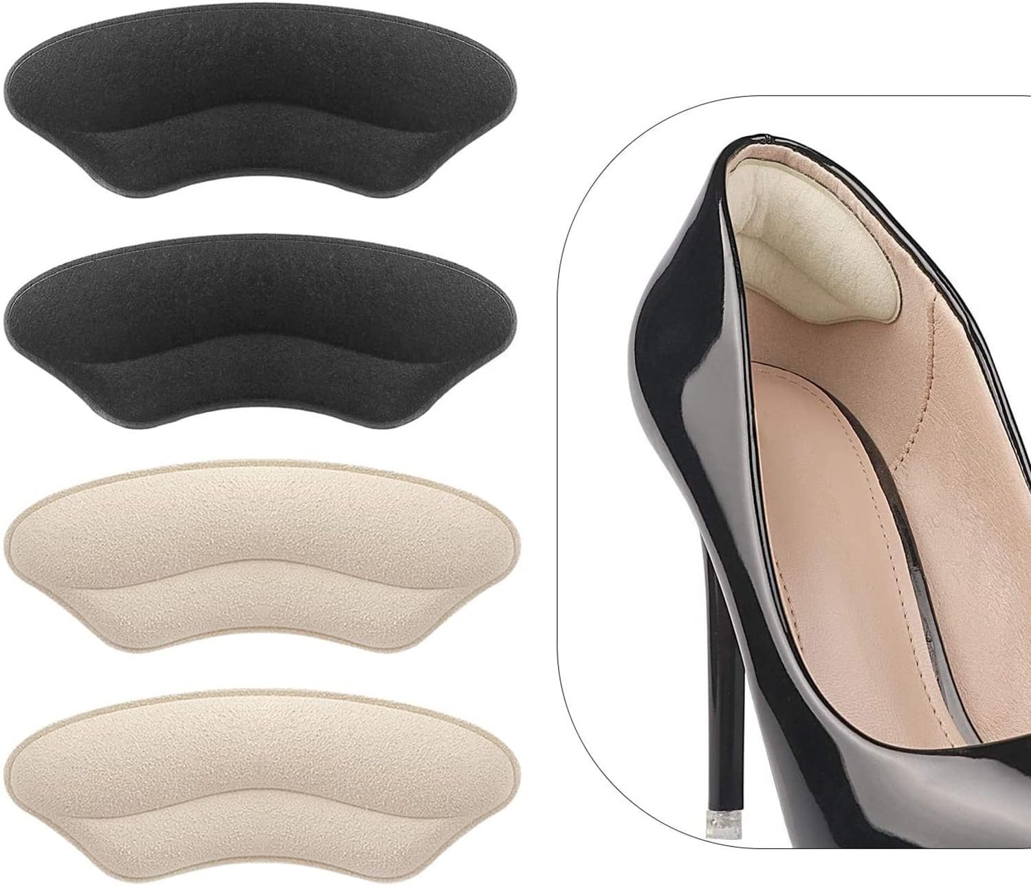 Heel Grips Liner Cushions Inserts for Loose Shoes, Heel Pads Snugs for Shoe Too Big Men Women, Filler Improved Shoe Fit and Comfort, Stop Heel Slip and Blister (4 Pairs) (Pale Apricot+Black) - Product Image