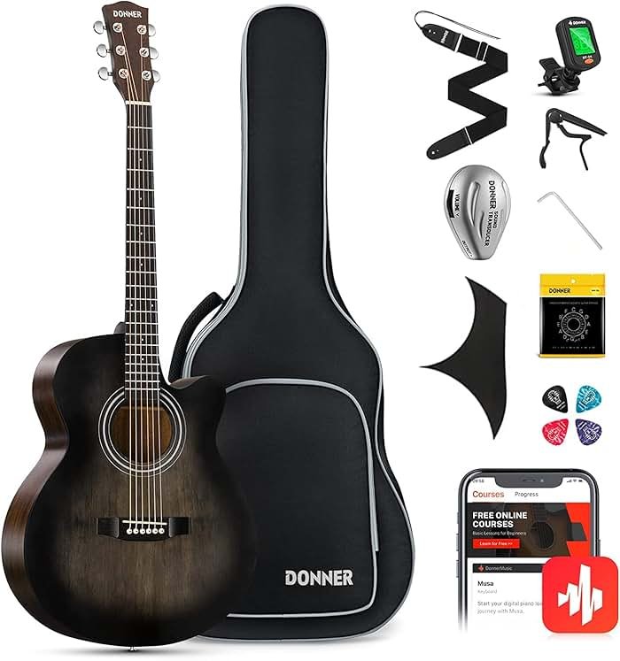 Donner Acoustic Guitar for Beginner Adult 40 Inch Cutaway Acustica Guitarra Bundle Kit with Pickup Online Lesson Bag Tuner Capo Strap Mini Jumbo Travel Teen Right Hand Black Brown DAJ-110CD - Product Image