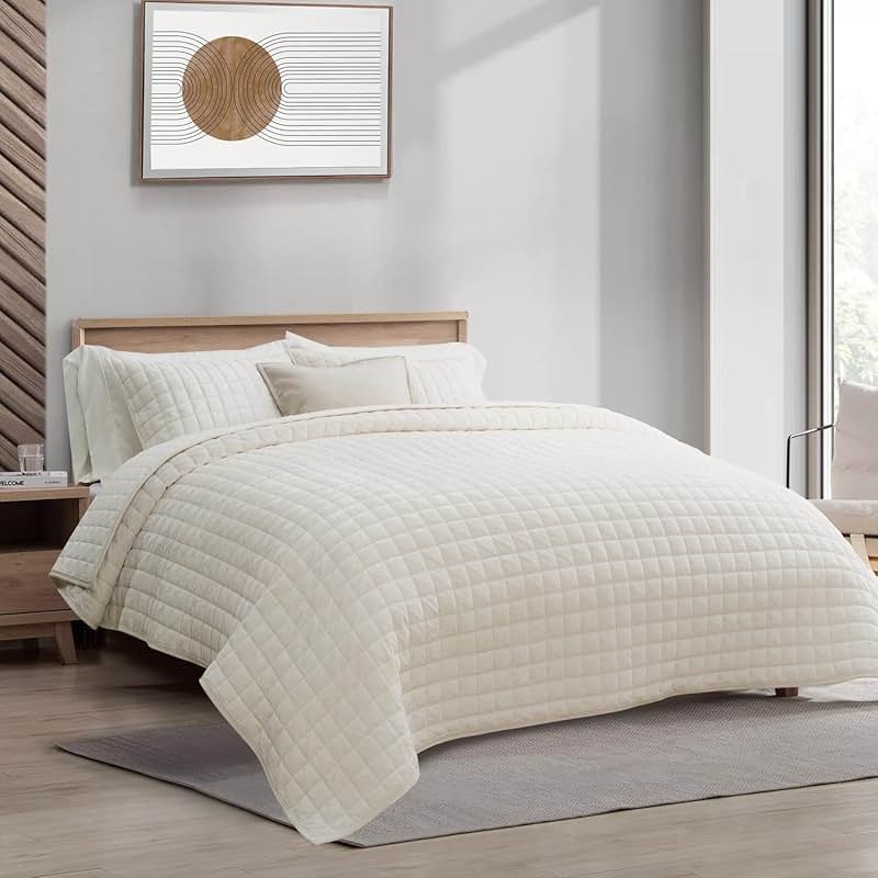 RECYCO Luxury Velvet Quilt Set Full Queen Size, Lightweight Velvet Comforter Set, Oversized Bedspread Coverlet Quilted Bedding Set, with 2 Matching Pillow Shams, for All Season, Cream White - Product Image
