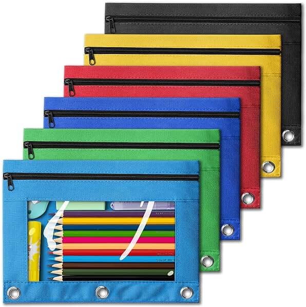 V-Opitos Pencil Pouch for 3 Ring Binder, Bulk 6 Pack 3-Holes Zipper Pencil Pouches in Assorted Colors, Sturdy and Durable Cloth Pencil Case with Clear Window for Office School College Supplies - Product Image