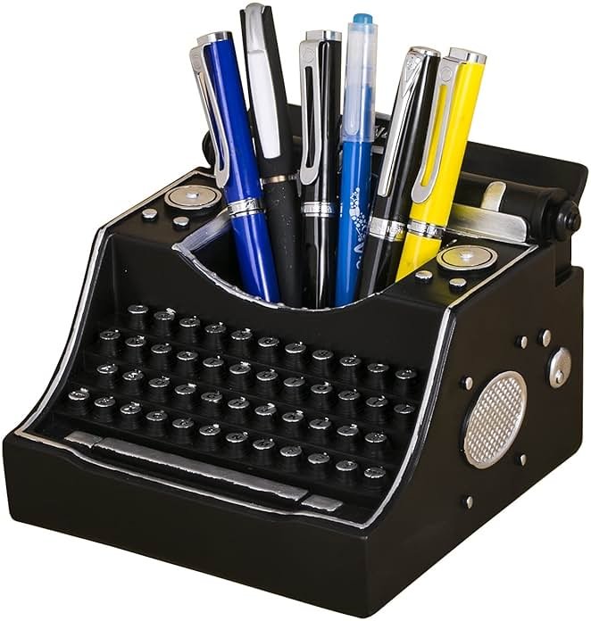 Amoysanli Retro Typewriter Pen Holder Vintage Desk Accssories Unique Cool Gifts for Writer Typewriter Lovers and Secretary Cute Funny Pencil Cups for Office Home School (Black) - Product Image