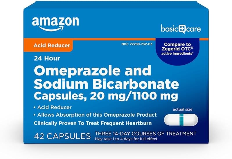 Amazon Basic Care Omeprazole and Sodium Bicarbonate Capsules, 20 mg/1100 mg, 24-Hour Acid Reducer, Frequent Heartburn Relief, 42 Count - Product Image