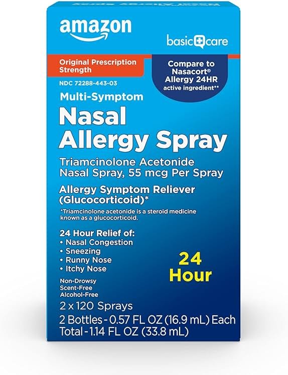 Amazon Basic Care Multi-Symptom Triamcinolone Acetonide Nasal Allergy Spray, 24-Hour Non-Drowsy Allergy Relief, 55 mcg, 0.57 fl oz (2-Pack) - Product Image