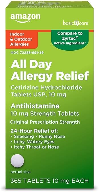 Amazon Basic Care All Day Allergy, Cetirizine Hydrochloride Tablets, 10 mg, 24-Hour Relief for Sneezing, Runny Nose, Itchy Eyes & Throat, Indoor & Outdoor Allergy Relief, 365 Count - Product Image