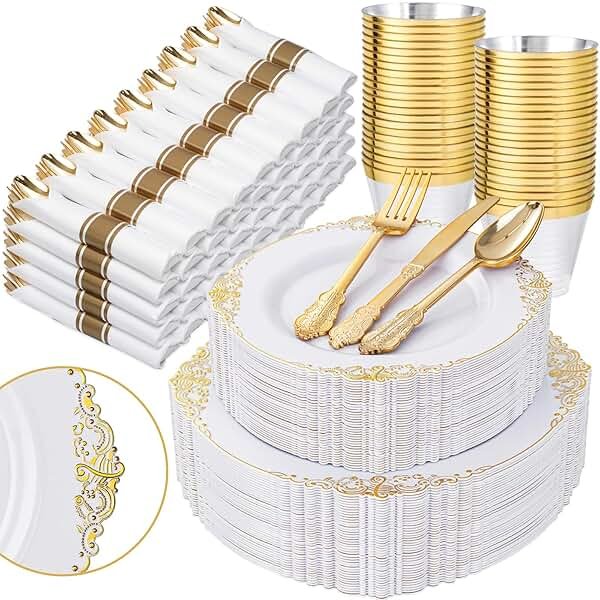 Nervure 350PCS Gold Plastic Plates - Gold Plastic Dinnerware Sets for 50 Guests - 100 Disposable Plates, 150 Silverware, 50 Cups, 50 Napkins for Wedding & Party & Mother's Day - Product Image