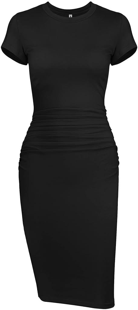 Missufeintl Women's Bodycon Ruched Short Sleeve T Shirt Midi Sundress Fitted Casual Dress - Product Image