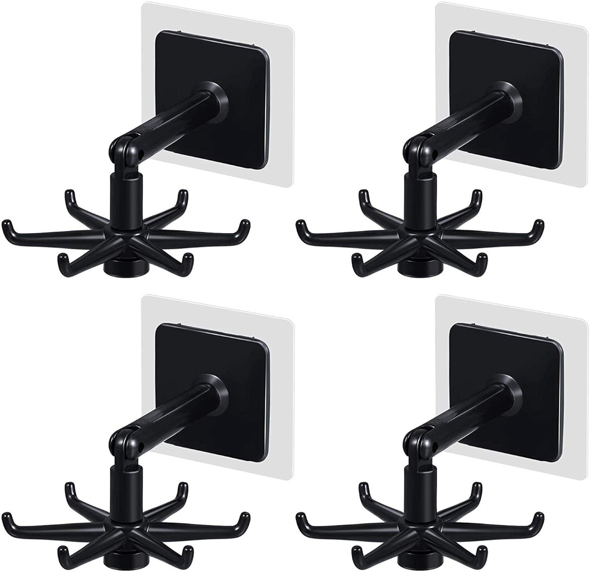 365Home Hanging Utensil Holder Hooks Kitchen Utensil Hanger Wall Mount 360 Degrees Rotating Folding Hook Self Adhesive Hook Utensil Rack with 6 Hooks for Kitchen Bathroom Cabinet (4 Black) - Product Image