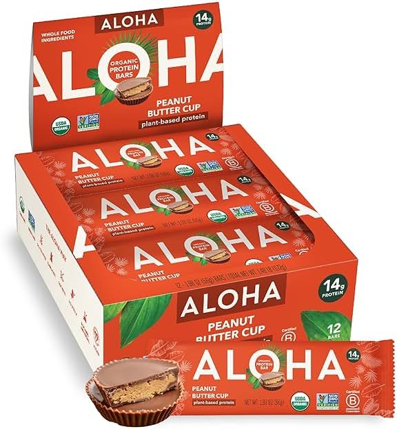 ALOHA Organic Plant Based Protein Bars - Peanut Butter Cup Bar - 12 Bars, Vegan, Low Sugar, Gluten-Free, Low Carb, Non-GMO, No Stevia, No Erythritol - Product Image