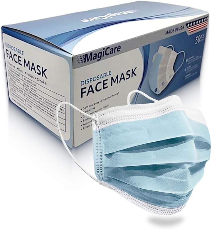 MAGICARE USA Blue Face Mask, Disposable - Face Masks Medical Grade (ASTM Level 1), 3 Ply - Comfortable, Soft, Breathable, for Adults (50/Box) - Product Image