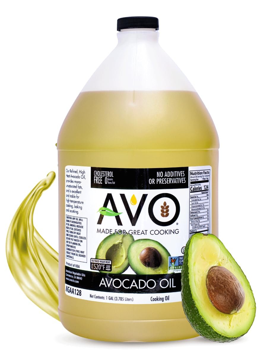 AVO Bulk Avocado Oil for Cooking 1 Gallon (128 fl oz), Non-GMO Certified, No Preservatives, High Smoke Point 500°F, Neutral Flavor, Gluten-Free, Plant-Based, OU Kosher - Product Image