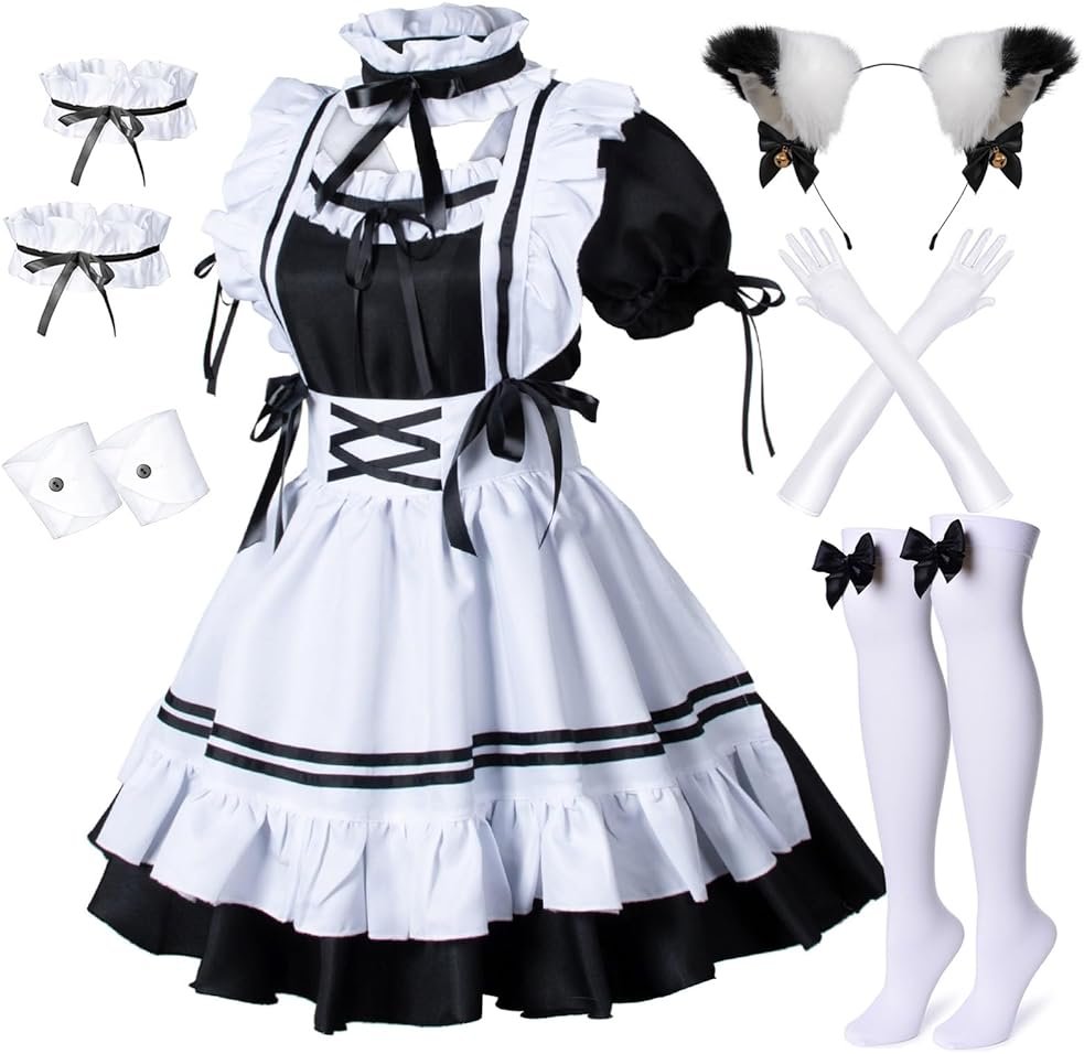Wannsee Anime French Maid Apron Lolita Fancy Dress Cosplay Costume Furry Cat Ear Gloves Socks set(L) - Product Image