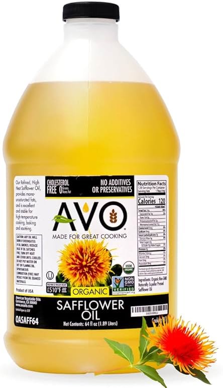 AVO Organic Safflower Oil for Cooking, Frying, Baking, Salads, Vinaigrette, Marinades. General Cooking Oil 64 Fl-oz (Half a Gallon), No preservatives, Naturally Processed, High Smoke Point 465°F - Product Image