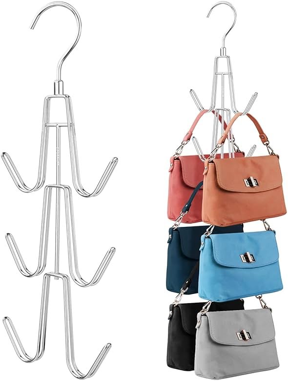 ZEDODIER 2 Pack Purse Organizer for Closet, Heavy-Duty Hanging Purse Hanger Closet Holds Up to 12 Purses, Metal Rotating Space Saving Bag Holder Handbag Storage Hook Backpack Rack, Silver - Product Image