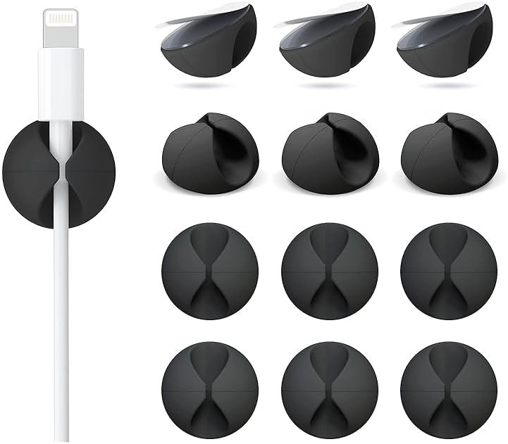 12 Pack Cable Clips, Znben Cord Organizer Holder Adhesive Cable Management Charger Wire Holder Clips for Desk, Home, Office, Car, Cubicle, Nightstand Black - Product Image