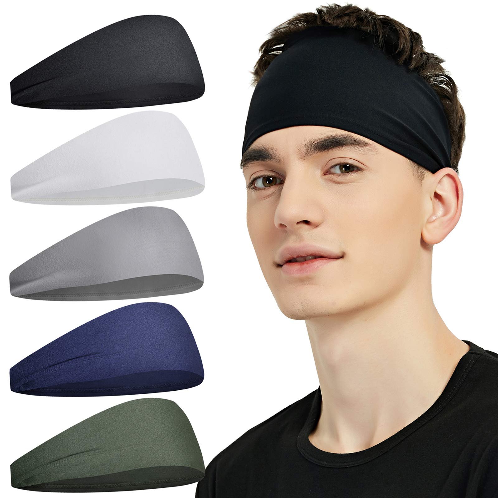 Pilamor Sports Headbands for Men (5 Pack),Moisture Wicking Workout Headband, Sweatband Headbands for Running,Cycling,Football,Yoga,Hairband for Women and Men - Product Image