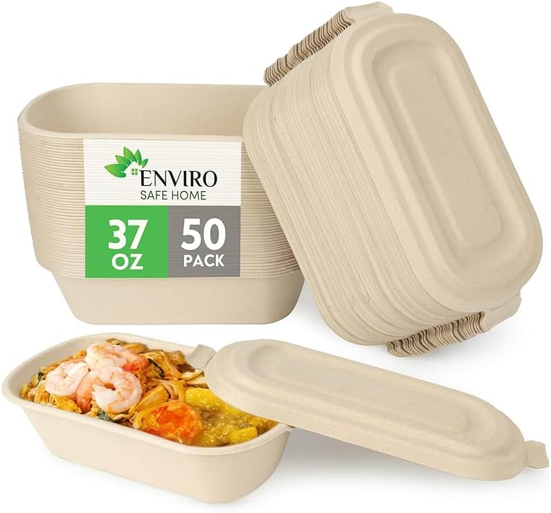 37 Oz Bamboo Disposable Food Containers, 50 Pack - Heavy Duty, Microwavable, Oven Safe - Perfect For Meal Prep, Salads, Lunch, To Go Food - Biodegradable (Brown) - Product Image