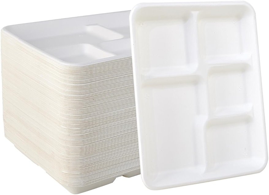 Vplus 100% Compostable Small 5 Compartment Plates 125 Pack 10.25 x 8.25 inch Disposable Sugarcane Bagasse Tray Perfect for Boys and Girls - Product Image
