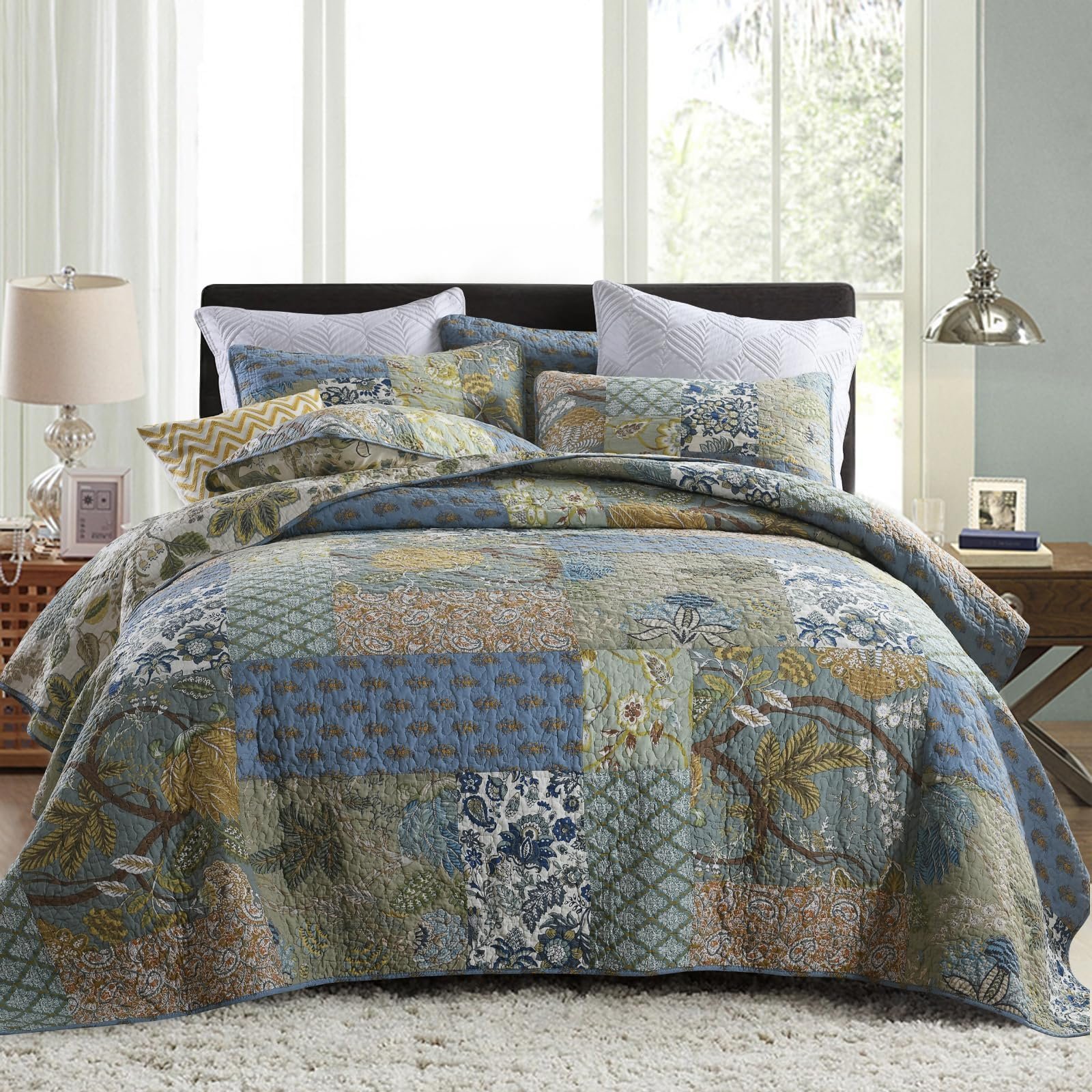 Secgo Queen Comforter Set for Bed - 100% Cotton Quilts Queen Size, Green, Sage Bedspreads (90 * 98 Inch) with 2 Pillow Shams, Patchwork Reversible Lightweight Bedding - Product Image