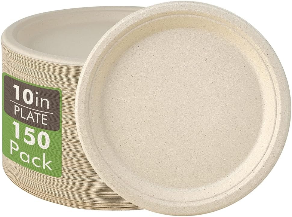 Vplus 150 Pack Compostable Disposable Paper Plates 10 inch Super Strong 100% Bagasse Natural Biodegradable Eco-Friendly Sugarcane Plates(nature) - Product Image