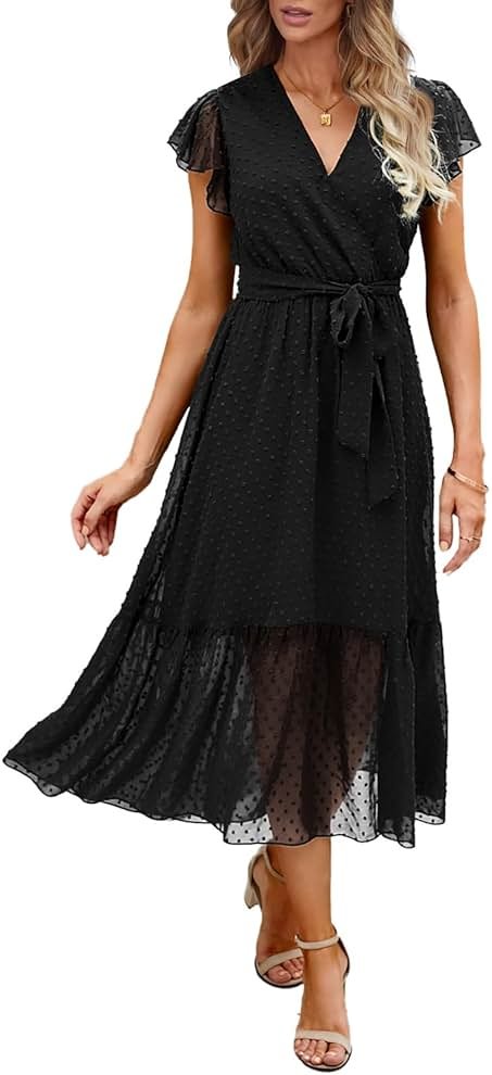 BTFBM Women Summer Bohemian Floral Casual Wrap V Neck Ruffle Cap Sleeveless Belt A-Line Pleated Hem Midi Sun Dress White - Product Image