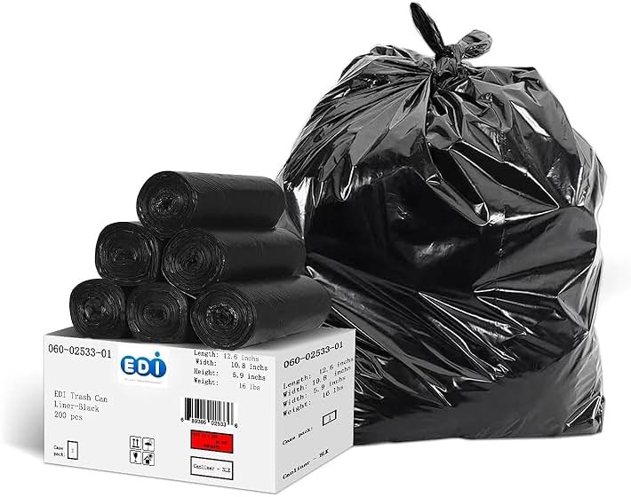 EDI Black Trash Can Liners, Large Heavy Duty Trash Bags, 45-Gallon Capacity, 48" x 40", 16-Micron (200 Count) - Product Image