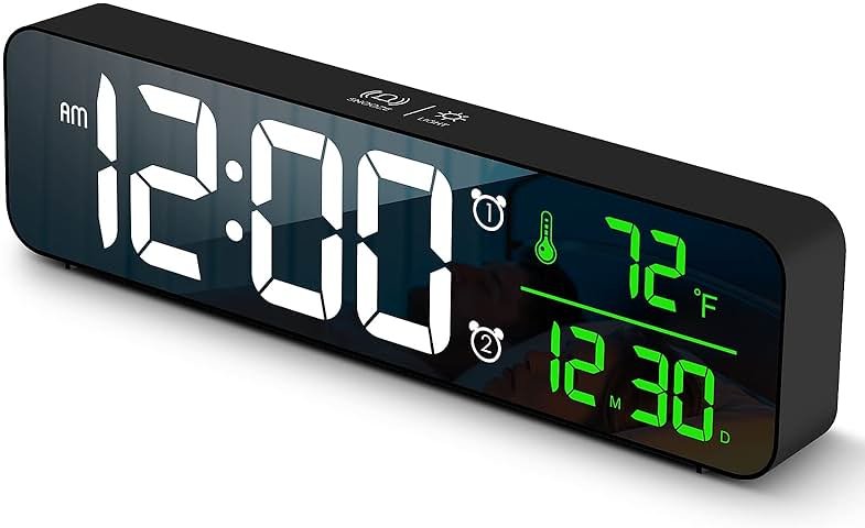 Digital Clock Large Display, Alarm Clock for Living Room Office Bedroom Decor, LED Corded Electric, Date Temp Display Wall Clock, Automatic Brightness Dimmer Smart Cool Modern Desk Accessories Black - Product Image