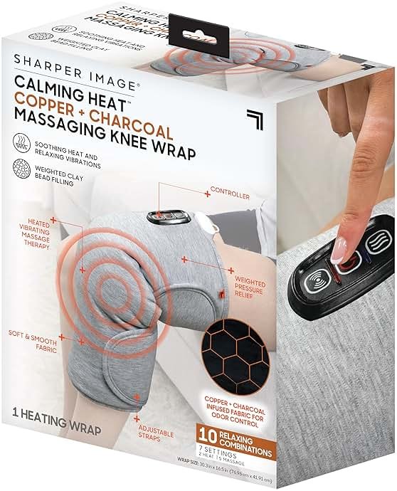 Calming Heat Knee Wrap by Sharper Image | Weighted Copper & Charcoal, Heating Pad, Auto Shut-Off Feature, Gift for Holidays, Women & Men | 2 Heat & 5 Vibrating Massage Settings, 30.3” x 16.5” - Product Image