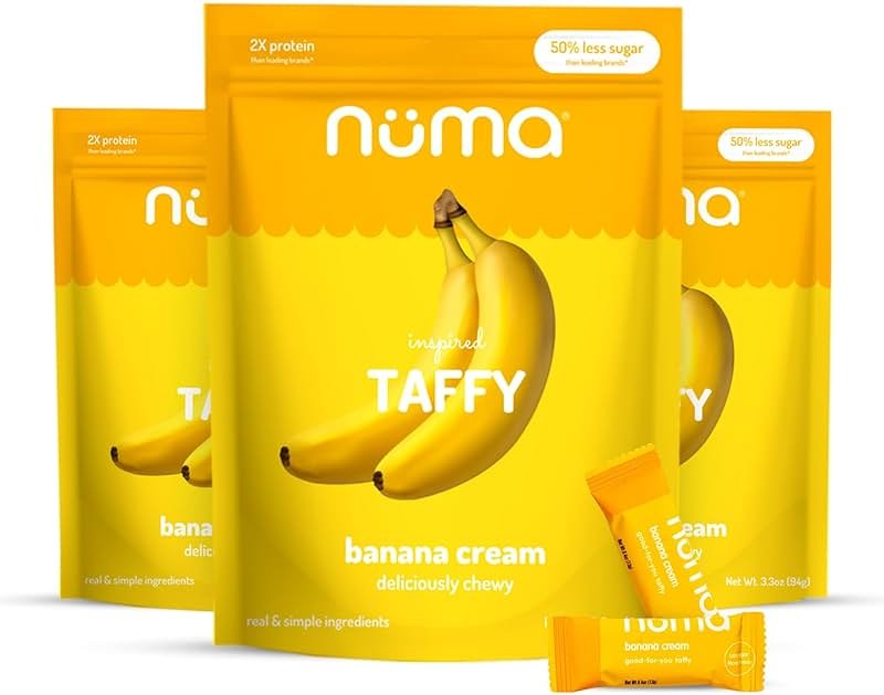 Numa Foods Banana Taffy Candy, Made with Real & Simple Ingredients Low Sugar, High Protein, Low Calorie, All Natural & Gluten Free Banana Cream Taffy - 3 Bags with 10 Individually Wrapped Chews Each - Product Image