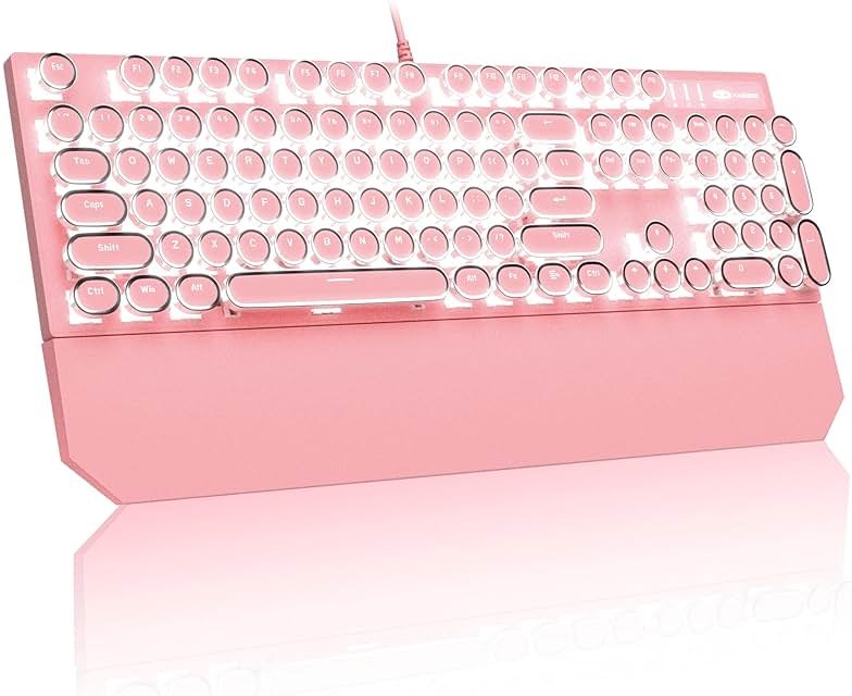 MageGee Typewriter Mechanical Gaming Keyboard, Retro Punk Pink Round Keycaps, 104 Keys LED White Backlit Wired Keyboards for Laptop MAC PC Gamer, with Magnetic Wrist Rest, Blue Switch - Product Image