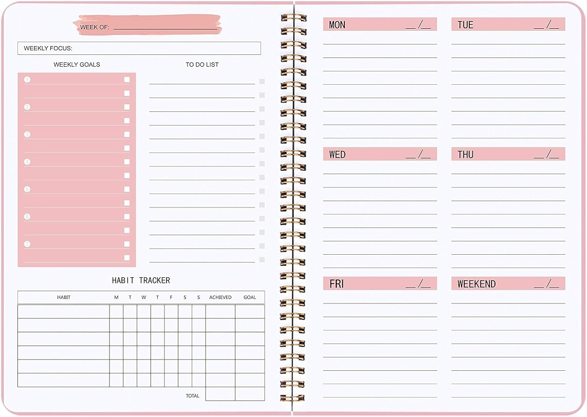 Undated Weekly Planner - Weekly Goals Notebook with To Do List, Habit Tracker, Daily Schedule Journal with Spiral Binding, 5.7 x 8.0 inches,Productivity Organizer Notebook for Work, School, Home, Pink - Product Image