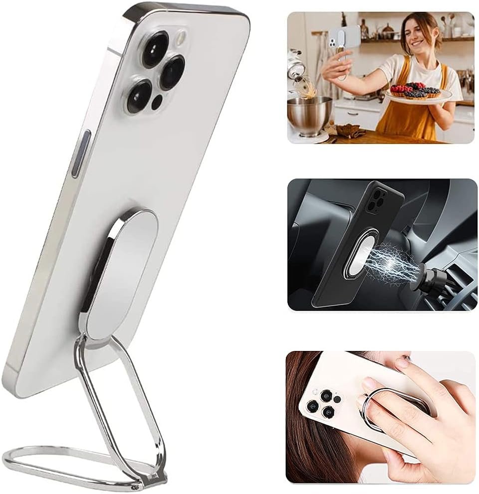 Cell Phone Ring Holder Finger Kickstand, CLZWiiN Foldable 360° Rotation Cellphone Stand for Desk, Office Desktop, Magnetic Car Mount, Metal Multi-Angle for Phone Back Grip (Silver) - Product Image