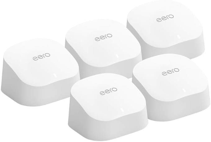Amazon eero 6 mesh wifi system - Supports internet plans up to 500 Mbps, Coverage up to 5,000 sq. ft., Connect 75+ devices, 5-pack (3 routers + 2 extenders) - Product Image