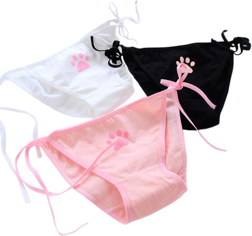 Cute Japanese Style Blue & pink Stripe Panties Bikini Cosplay Cotton Underwear Bandage Anime Free size Hot (3 pieces) (Cat paw) - Product Image