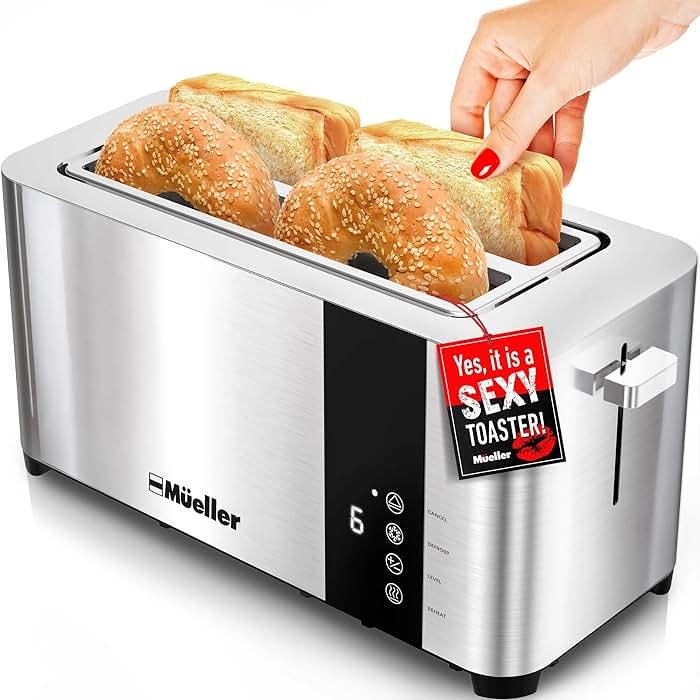 Mueller UltraToast Stainless Steel Toaster 4 Slice – Extra-Wide 1.6" Slots for Artisan Bread, Bagels & Frozen Waffles, 6 Browning Levels, LED Display, Cancel/Defrost/Reheat, Removable Crumb Tray - Product Image