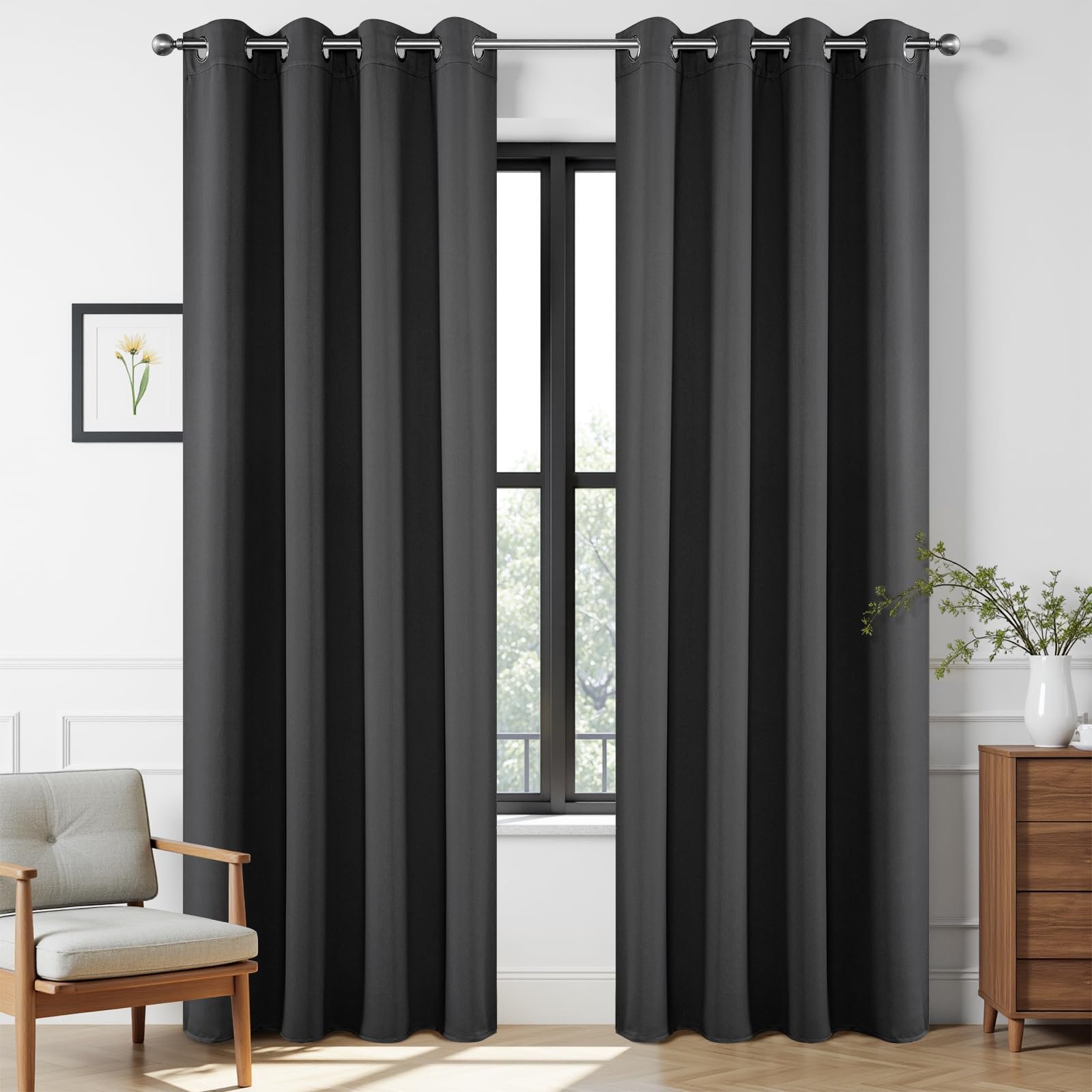 Joydeco 72" Grey Blackout Curtains, Bedroom Room Divider Drapes, 2 Panels | Grommet top thermal insulated & noise reducing panels. Ideal light blocking curtains for bedroom & living room. - Product Image
