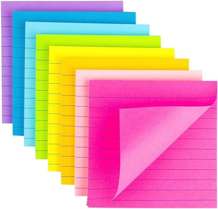 (8 Pack) Lined Sticky Notes 4x4 Bright Stickies Colorful Super Sticking Power Memo Pads, 8 Colors, Strong Adhesive - Product Image