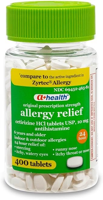 A+Health Cetirizine HCl 10mg Tablets, 24 Hour Allergy, Antihistamine, Indoor & Outdoor Allergies, Relief from Sneezing, Itchy Throat, Watery Eyes, 400 Count - Product Image