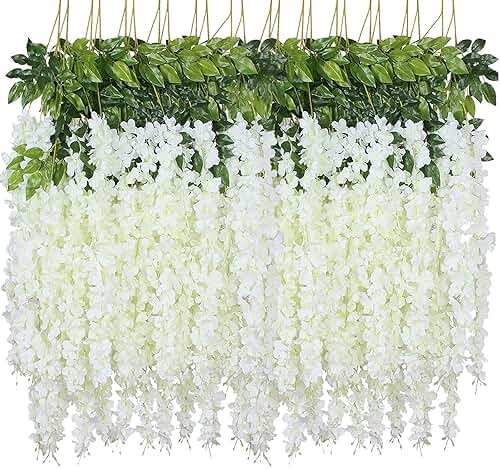 WEISPARK Fake Hanging Flowers - 12 Pieces 3.75 Feet/Piece Artificial Wisteria Vine Ratta Hanging Garland Silk Flowers for Home Party Wedding Decor (White) - Product Image